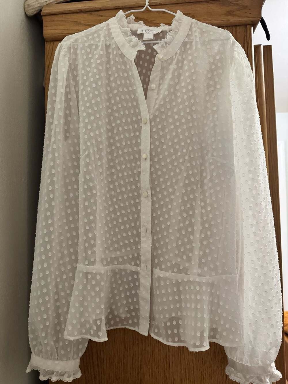 Ann Taylor LOFT White Swiss Dot Ruffle Blouse Size 10